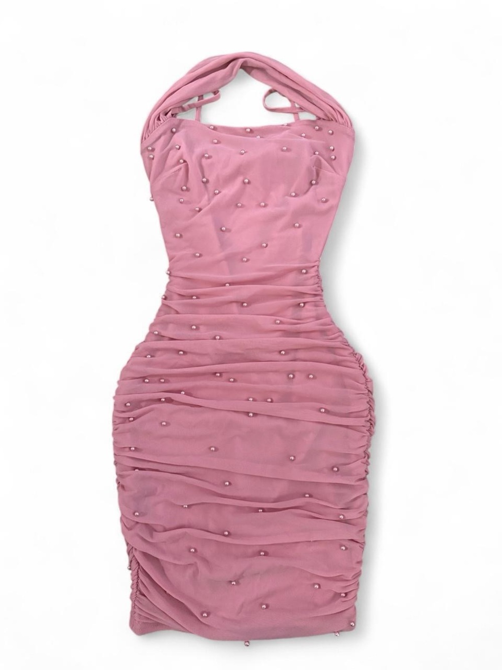 Windsor Pink Pearl Embellished Ruched Mesh Mini Dress XS
